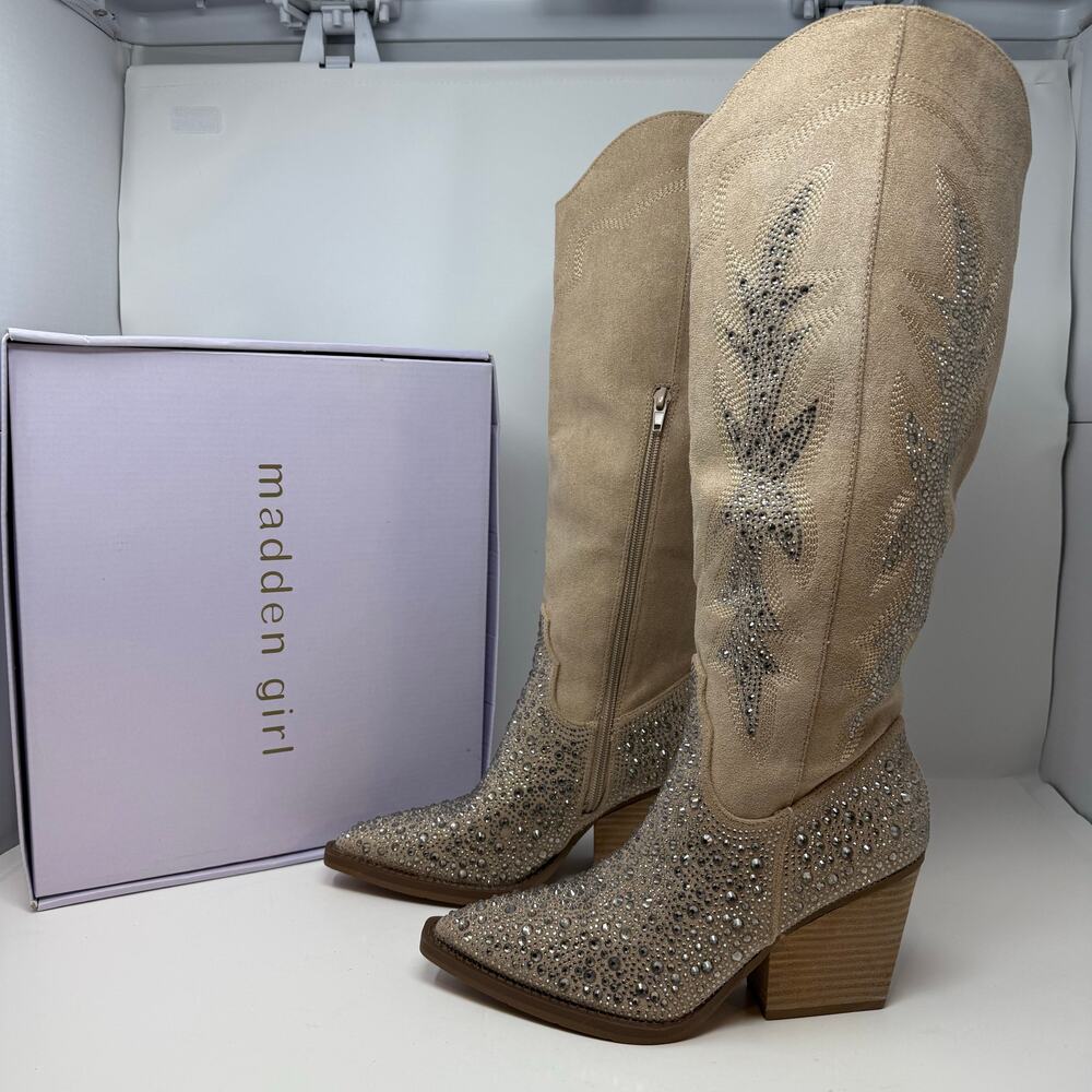 Madden Girl Apple Western Boots Womens 8 Sand Rhinestones Cowboy Boots NIB - Picture 4 of 15